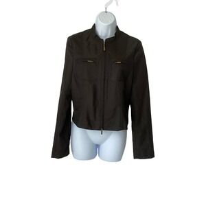 Kenneth Cole New York Jacket Womens 8 Medium Brown Pinstripe Zippered Pockets F6